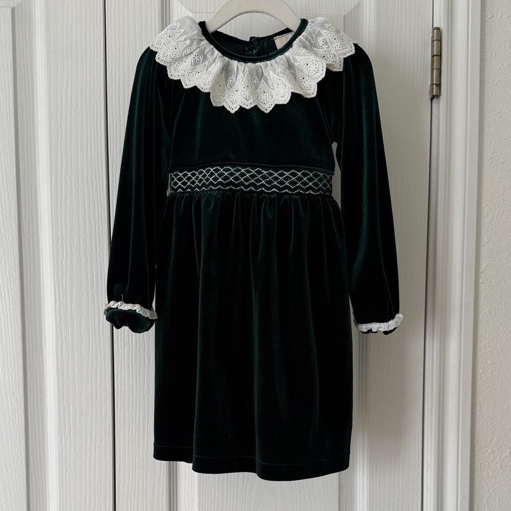 Smockingbird Green Velvet Christmas Dress Girls 3T Lace Collar Holiday Classic